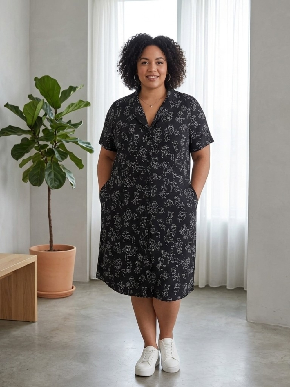 A New Day Shirt Dress Womens XXL Black Face Print Line Art Abstract Modern Chic - Picture 3 of 15